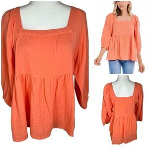 Mud Pie Sydney Orange Square Neck Gauze Babydoll Tiered Boho Top